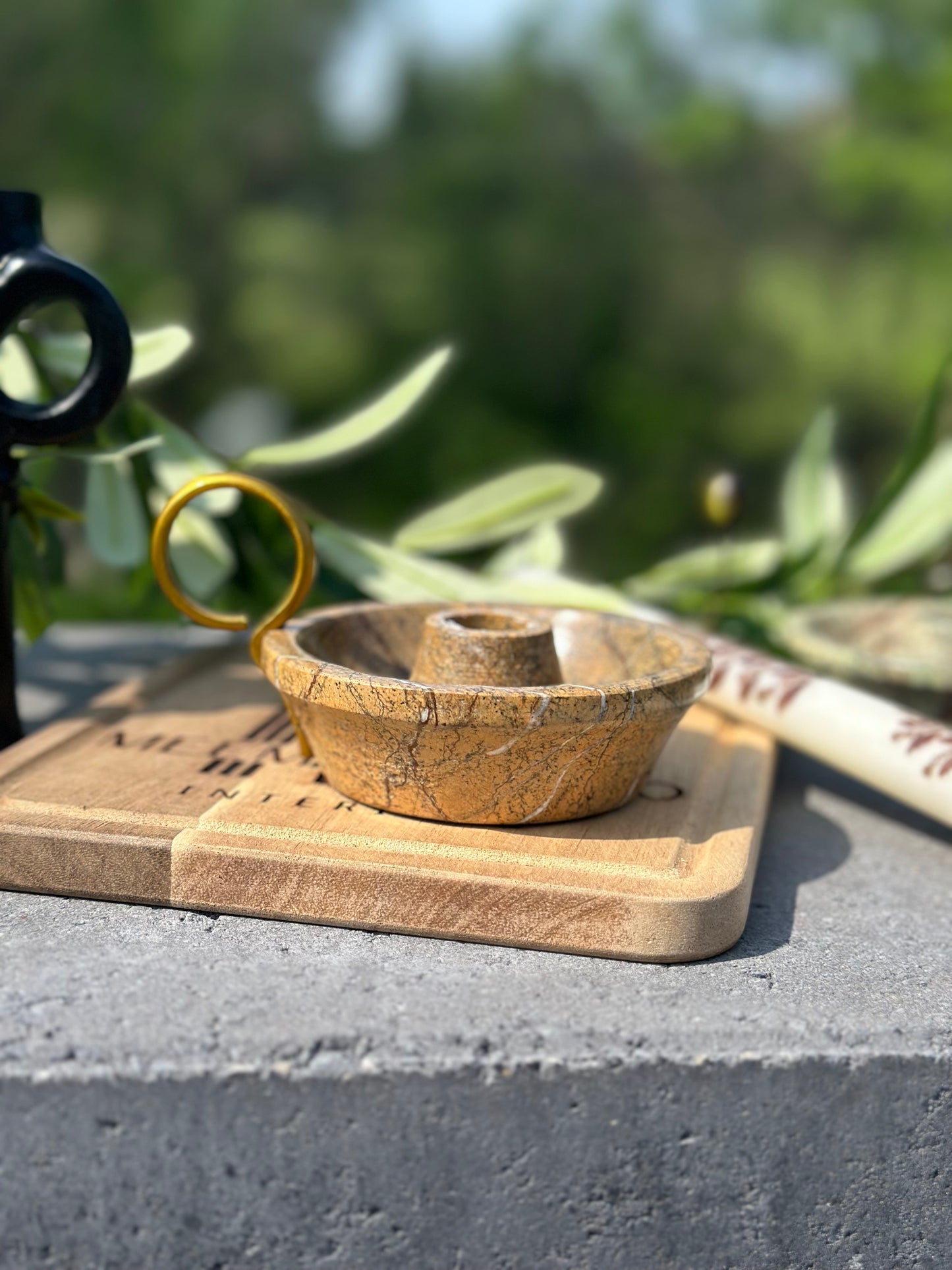 Marble Taper Candle Holder with Brass Loop Handle