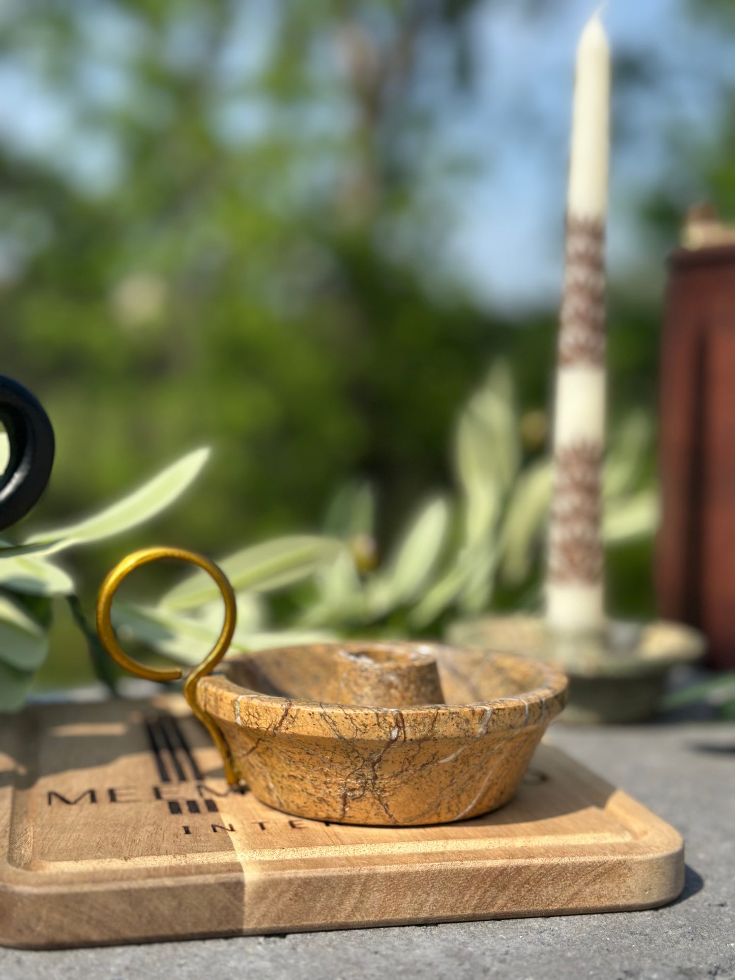 Marble Taper Candle Holder with Brass Loop Handle