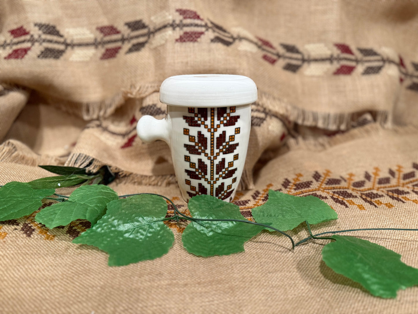 Stitched in Stone Coffee Mug with Lid/Saucer