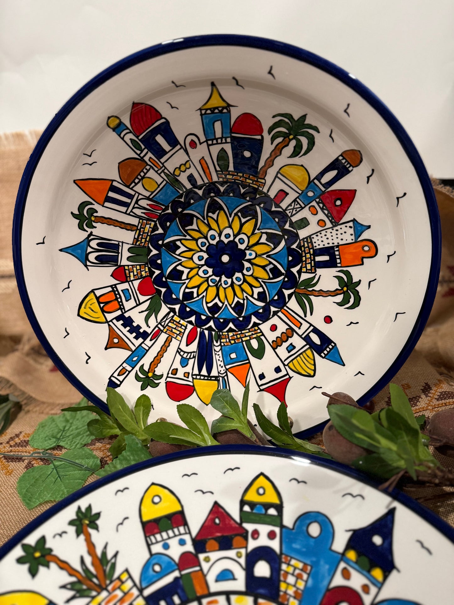 Large Hand-Printed Shallow Bowls