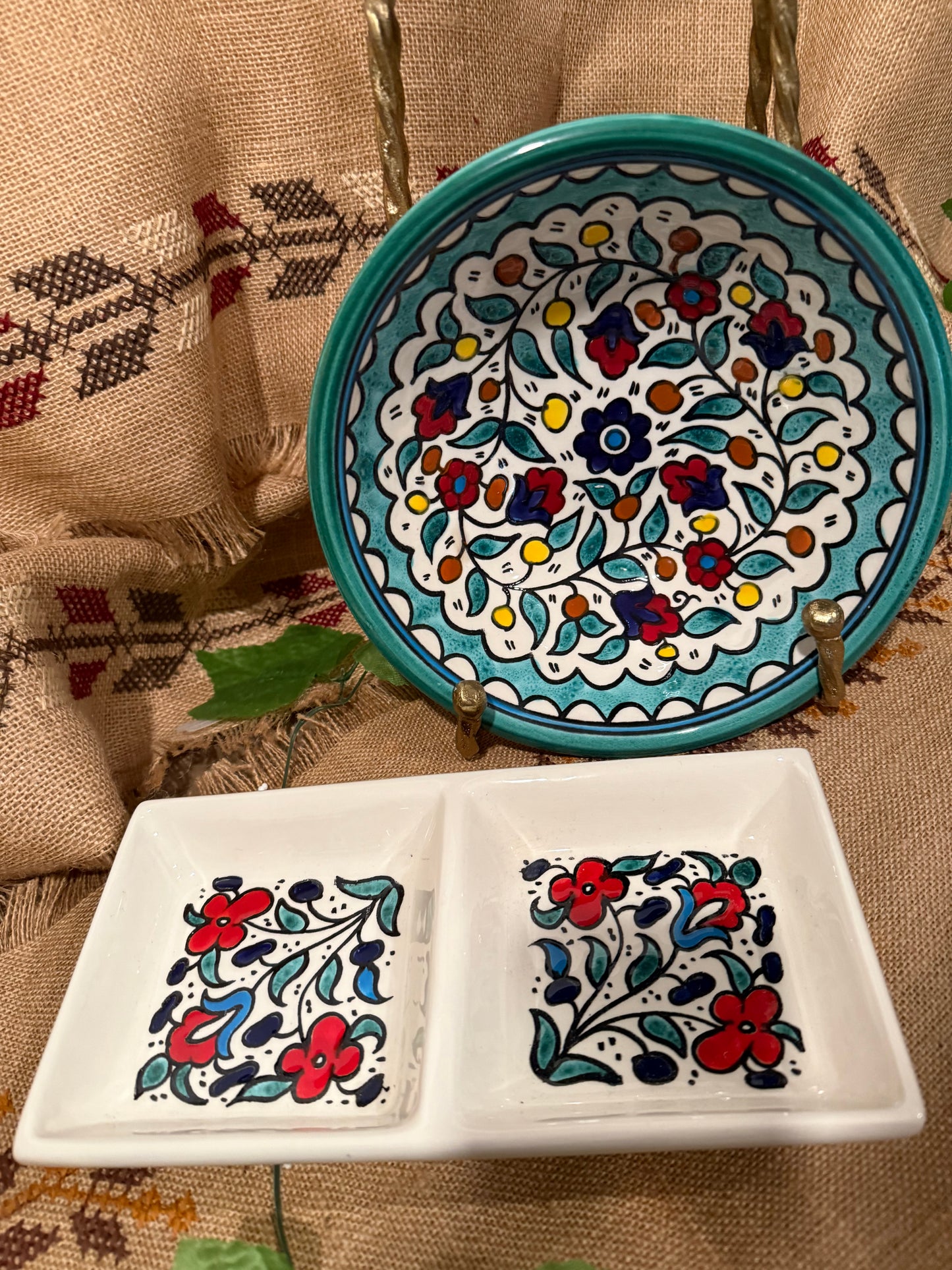 Hand-Painted Floral Bowl & Two-Part Serving Plate