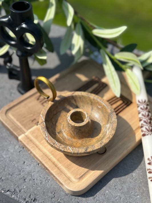 Marble Taper Candle Holder with Brass Loop Handle