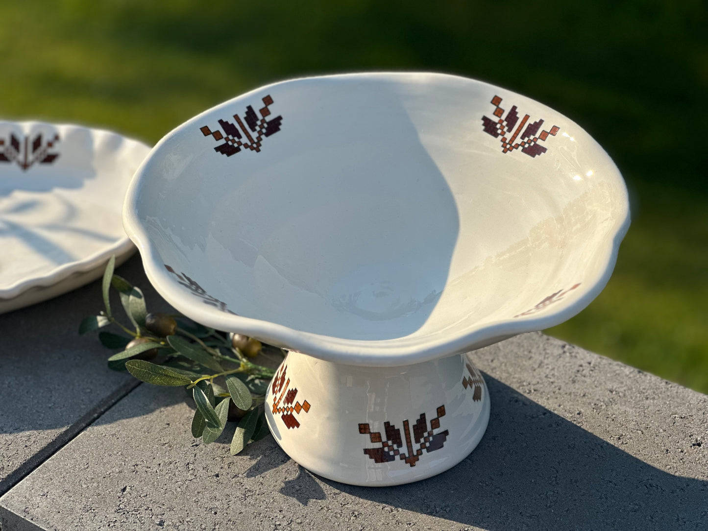 Tatreez Ceramic Pedestal Platter-Stitched in Stone