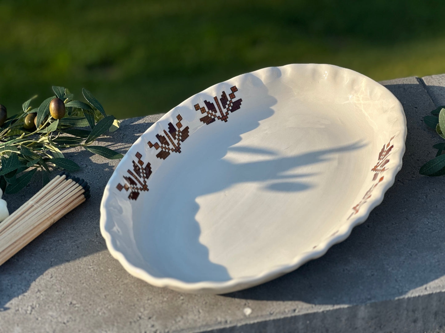 Tatreez Ceramic Serving Platter-Stitched in Stone