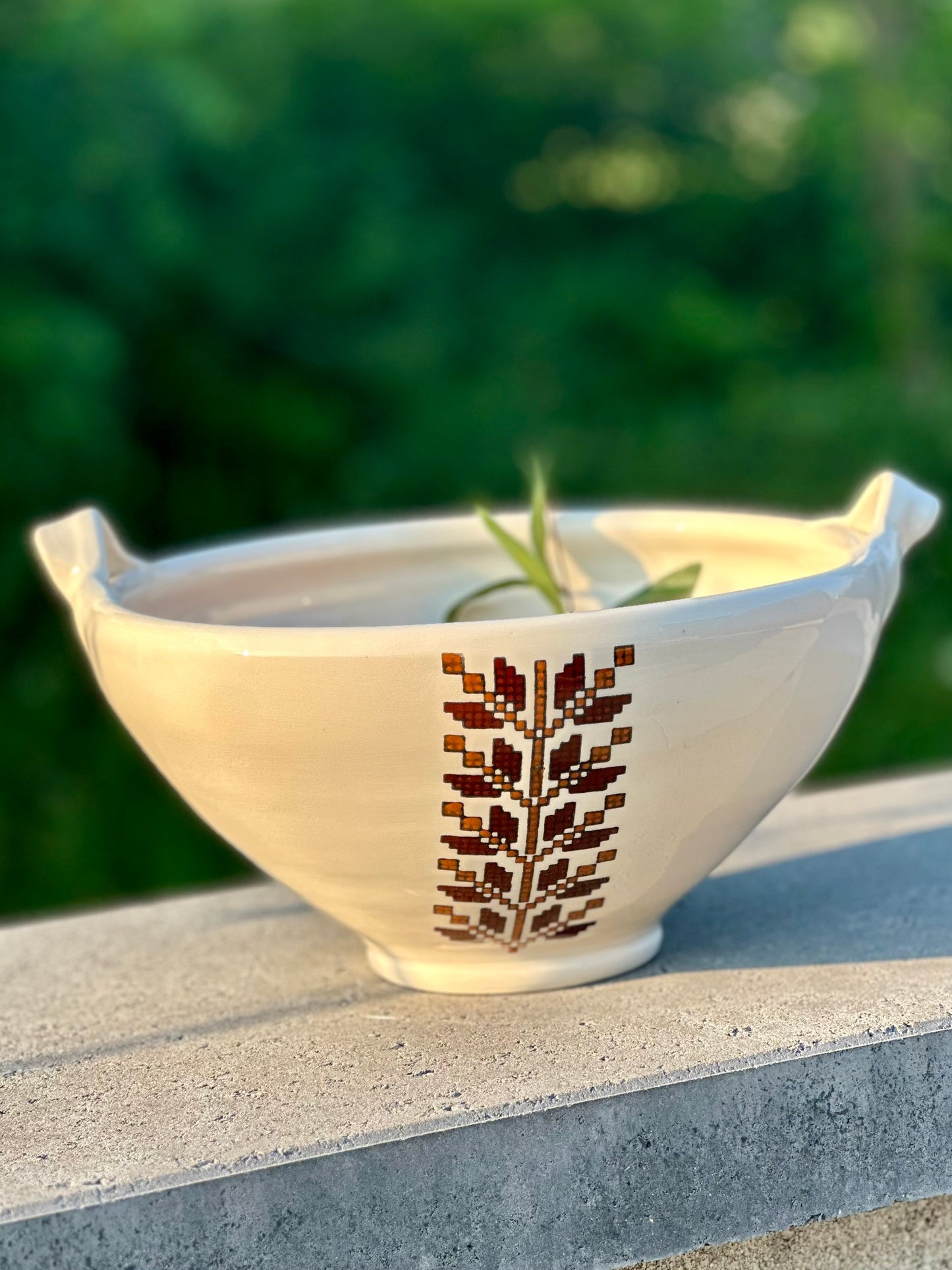Large Serving Bowl: Brown Tatreez-Stitched in Stone