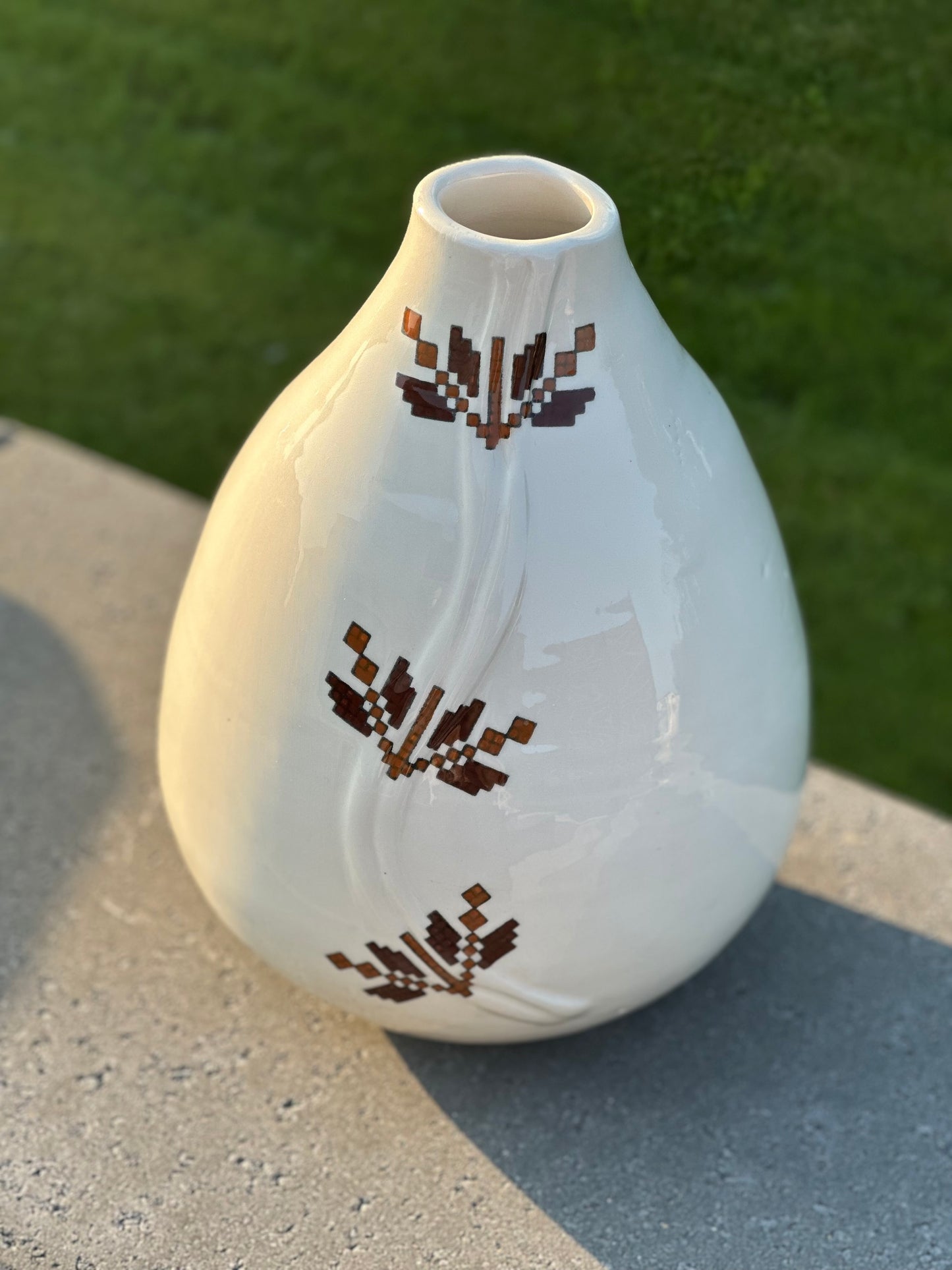 Ceramic Vase- Brown Tatreez. Stitched in Stone