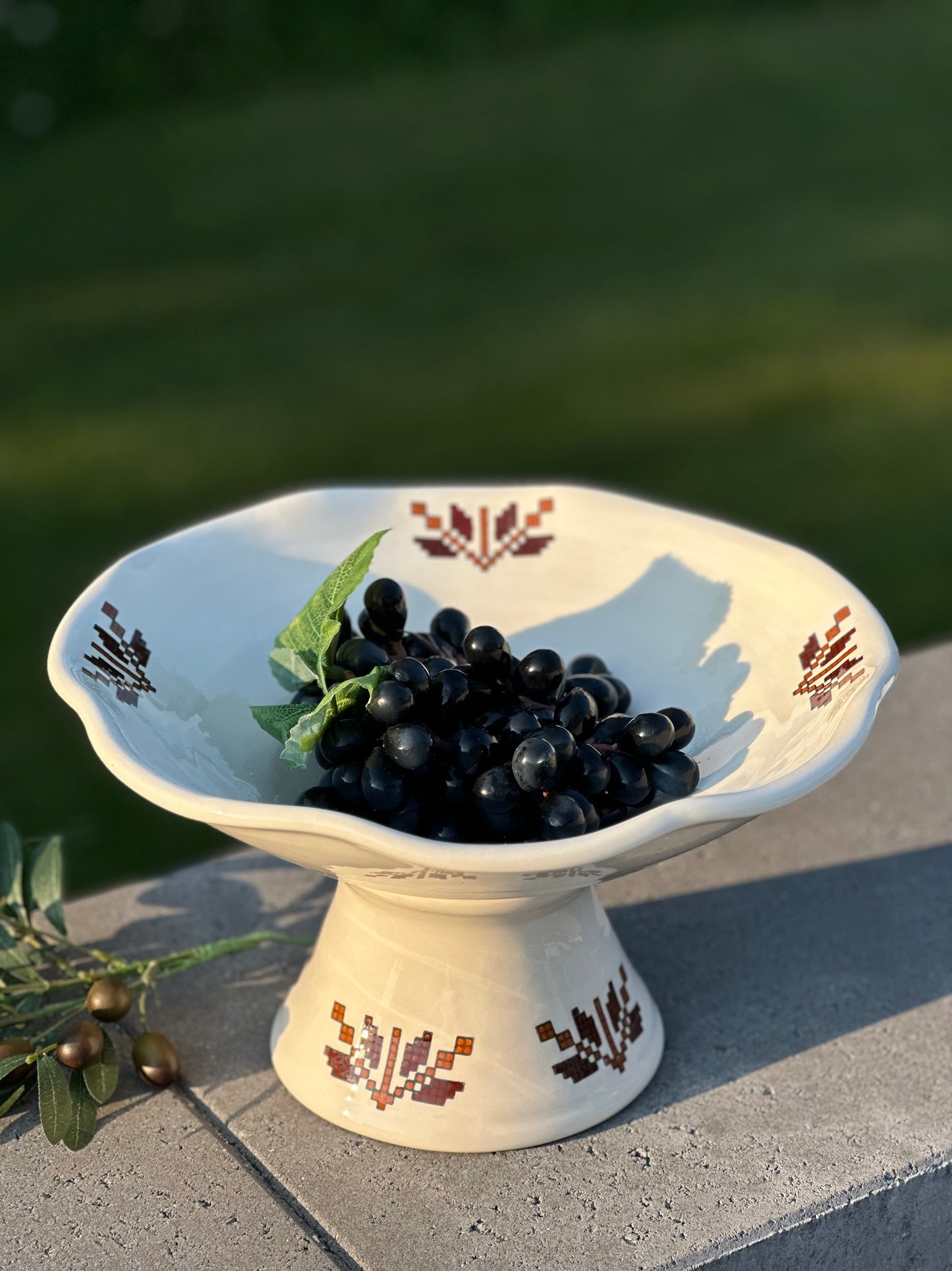 Tatreez Ceramic Pedestal Platter-Stitched in Stone