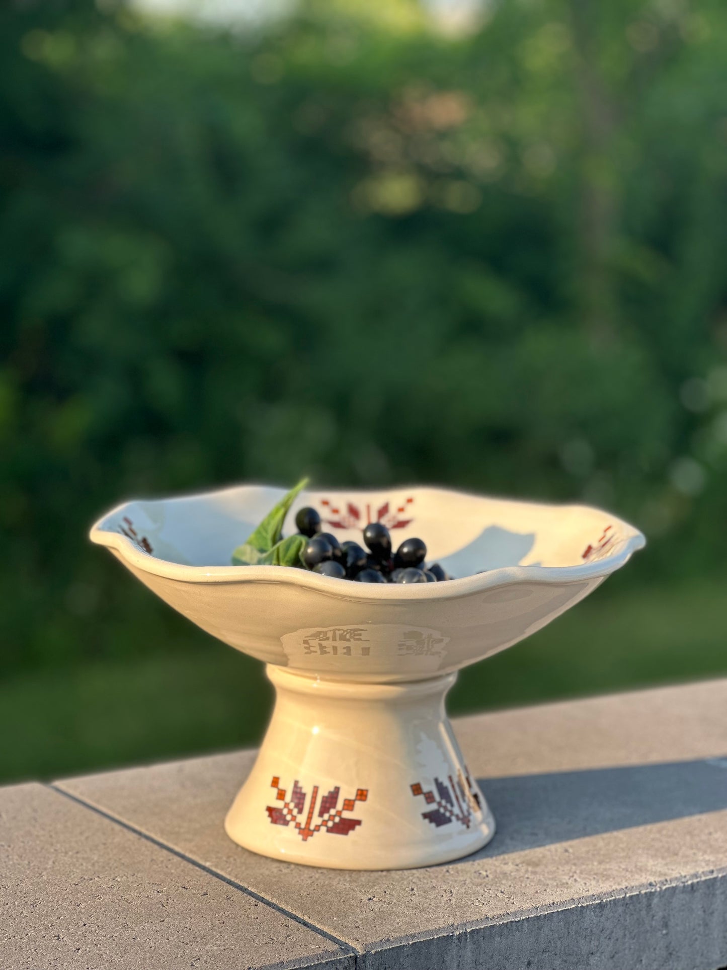 Tatreez Ceramic Pedestal Platter-Stitched in Stone