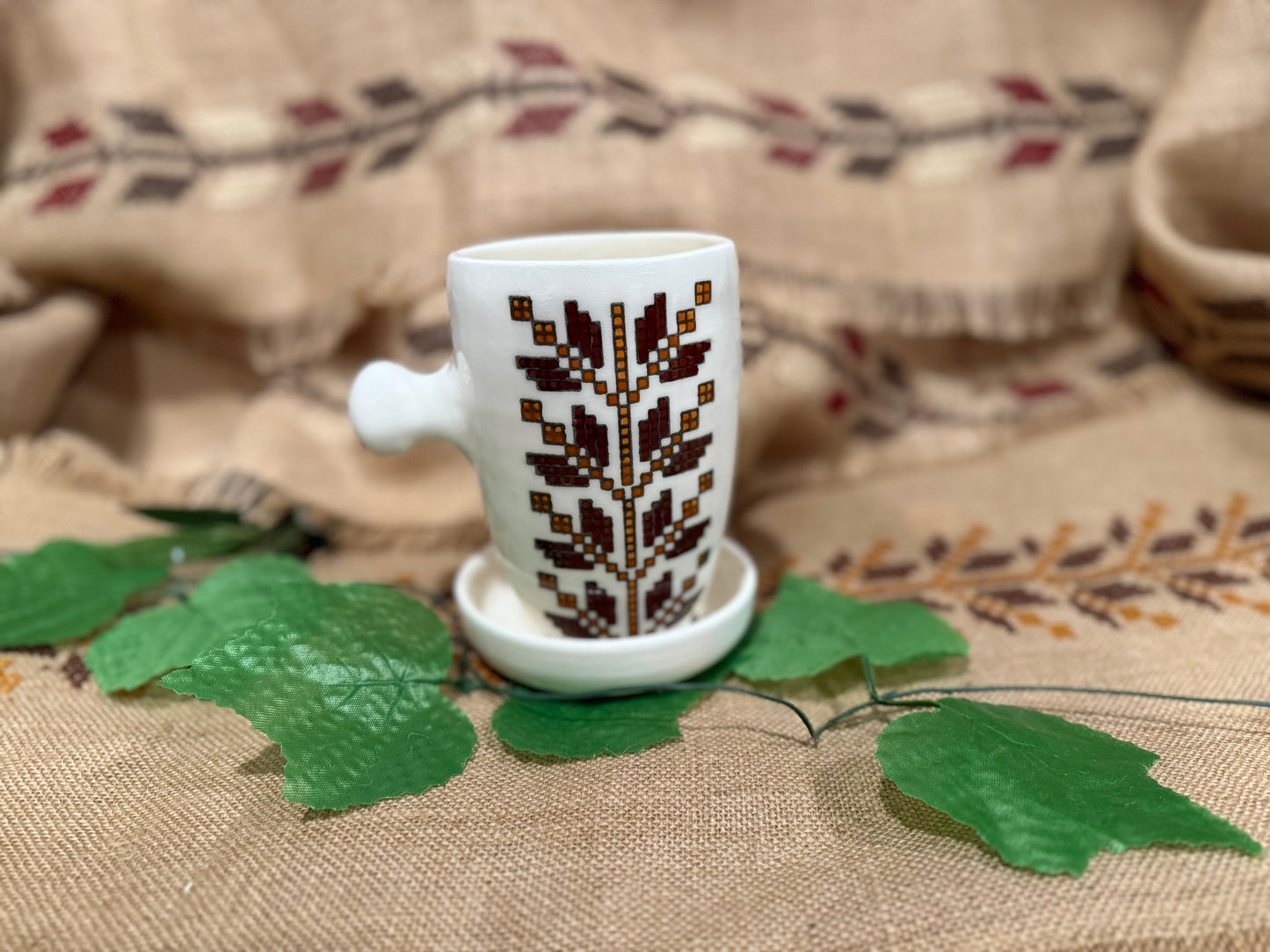 Stitched in Stone Coffee Mug with Lid/Saucer