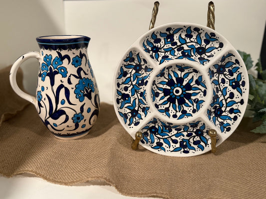Blue Floral Pitcher & Mezze Platter Set