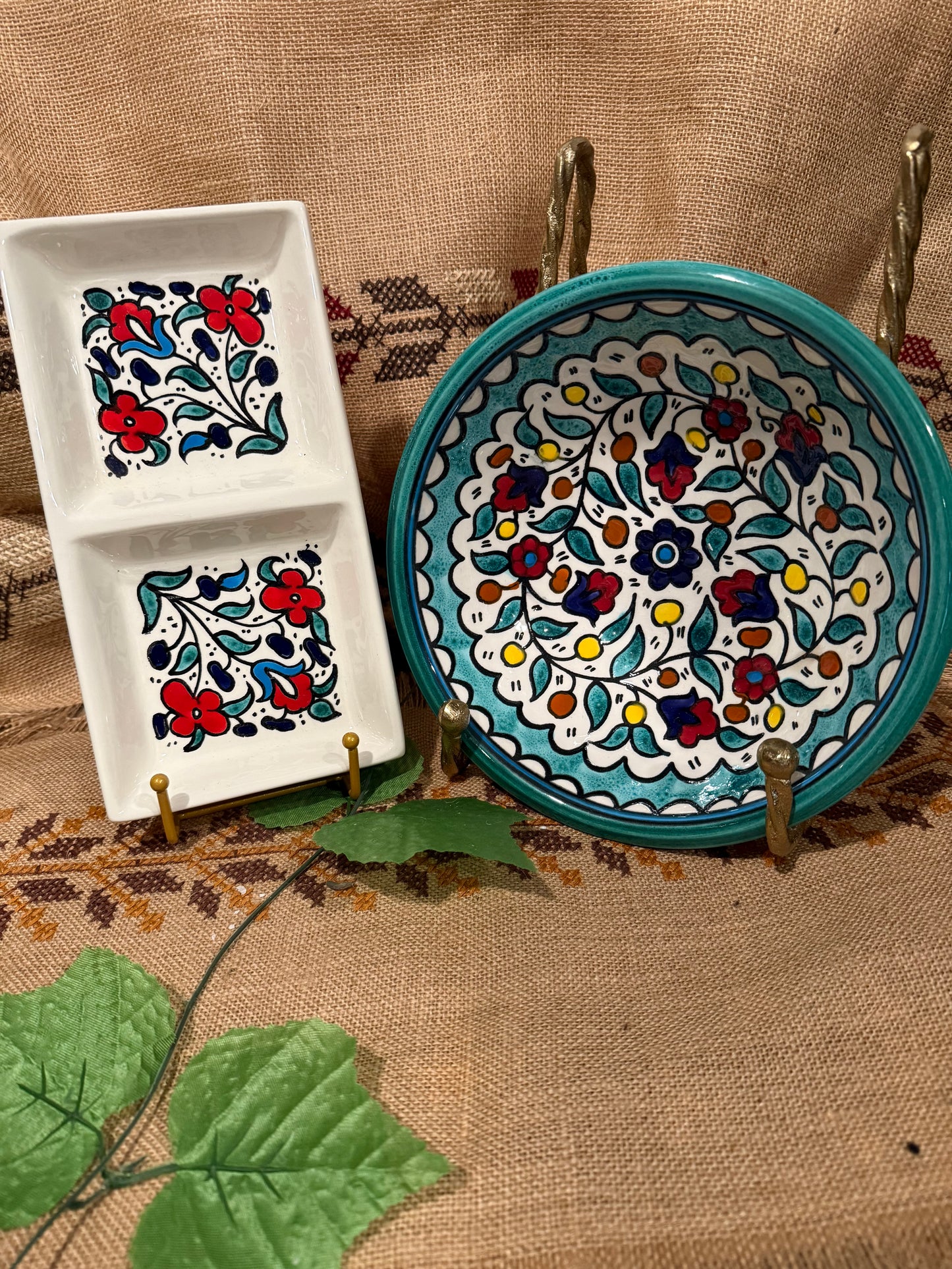 Hand-Painted Floral Bowl & Two-Part Serving Plate